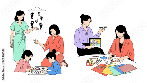 Guiding Young Minds: A teacher leads two students in a creative classroom environment. The scene captures an illustration of education, with a teacher assisting children in a fun learning setting.