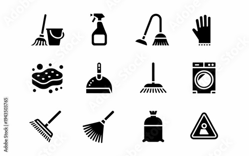 Black icons of cleaning tools and supplies.