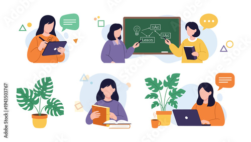 Teaching and Learning: An animated illustration captures the essence of education, showing a female educator engaging in various activities such as teaching, writing, reading, and using a laptop.