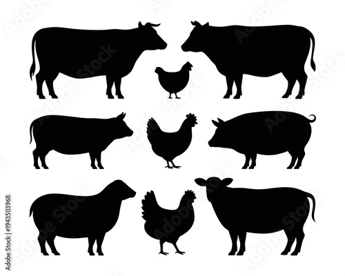Black silhouettes of farm animals standing.
