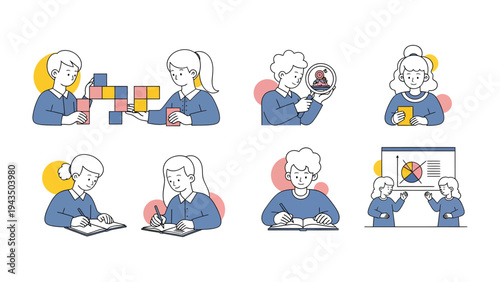 Daily Activities Illustration: An illustrative display of individuals engaged in various daily activities, from building blocks to analyzing data, captured in a clean and contemporary style.