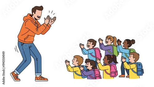 Teacher and Students Joyful Interaction: A teacher enthusiastically interacts with a group of cheerful students, clapping their hands in unison.