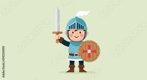Cartoon Knight Character with Sword and Shield.