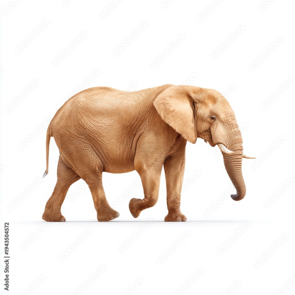 Fototapeta premium Cute baby elephant walking in a thoughtful manner on a white background with soft shadows and realistic skin textures