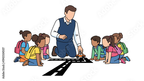 Teaching Moment: An educator guides a group of attentive children, teaching them road safety using a toy car and a simplified road illustration.
