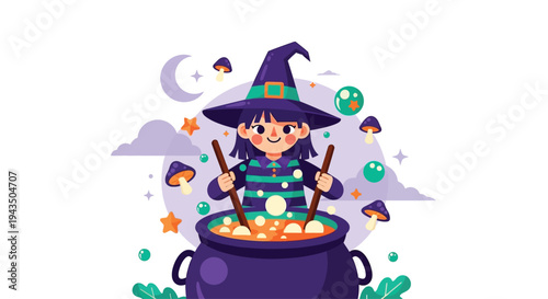 Cartoon Witch Stirring Magical Potion Cauldron.