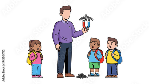 Scientific Demonstration for Pupils: An educator conducts a captivating science demonstration, using magnets to illustrate fundamental principles to a group of engaged pupils.