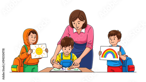 Classroom Harmony: A dedicated teacher guides her young students in a vibrant art project, fostering creativity and nurturing their budding artistic talents.