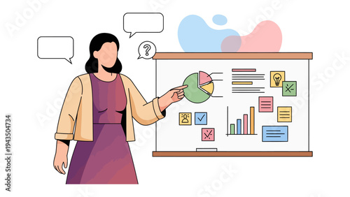 Businesswoman Presenting Data: A dynamic illustration captures a businesswoman expertly presenting data on a whiteboard, engaging the audience with insightful analysis and clear visual aids. 