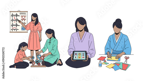 Empowering the Journey of Learning: Capturing the essence of education, this image portrays a teacher in various roles guiding students through different learning activities.