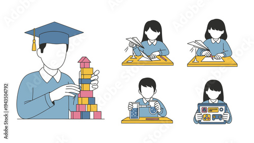 Future Architects and Creators: Illustrations of young learners engaged in imaginative activities. Constructing structures, designing models, and crafting various objects with focus and creativity. 