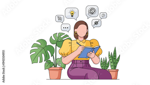 Creative Journaling: A woman diligently chronicles her thoughts and ideas within the pages of her journal, surrounded by potted plants.