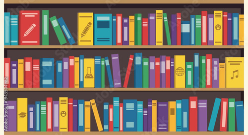 Colorful Books on Shelves in Library.