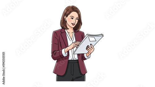 Professional Woman Reviewing Documents: A sophisticated businesswoman, impeccably dressed, engrossed in reviewing important documents, showcasing focus and diligence.