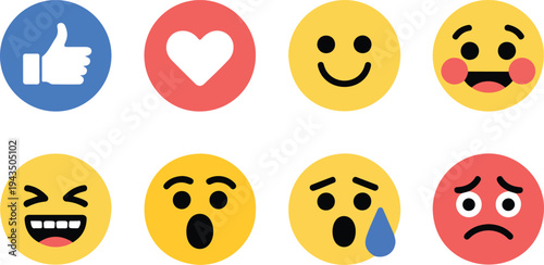 social media reaction icons including thumbs up heart and various expressive emoji faces for digital communication