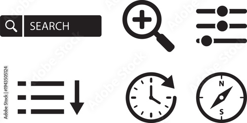 UX/UI Design System Search and Discovery Symbols, Navigation and Filtering Icons Solid Black Vector Silhouette Set