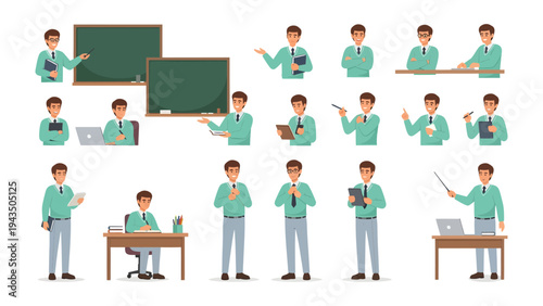 Teacher's Toolkit: A collection of a teacher in various poses, ready for instruction and guidance, with different props.