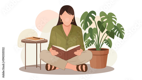 Serene Reader: A woman engrossed in a book in the tranquility of her living space, surrounded by a potted plant and a small table, a portrait of peaceful reading and quiet contemplation.