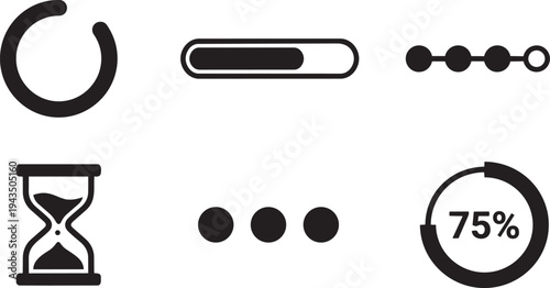 UX/UI Design System Progress and Loading Symbols, Data Transfer Icons Solid Black Vector Silhouette Set for Prototyping