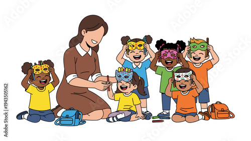 Joyful Mask Play: A warm, nurturing instructor guides a circle of exuberant children in a playful mask-making activity. capturing an atmosphere of joyful learning and artistic creativity.