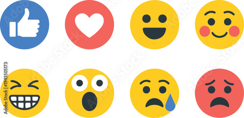 social media reaction icons including thumbs up heart and various expressive emoji faces for digital communication