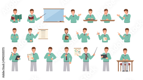 Teacher Actions Set: A collection of various actions, demonstrating a range of teaching activities, from presentation to reading. Capturing essential elements of education and communication.