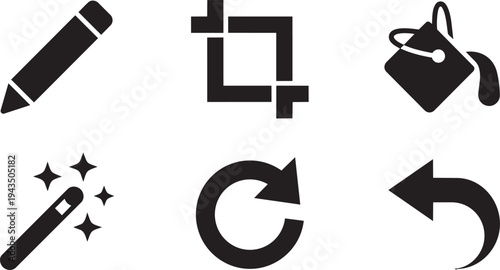 UX/UI Editing Tools and Creative Software Interface Symbols Solid Black Vector Silhouette Icon Set for Prototyping