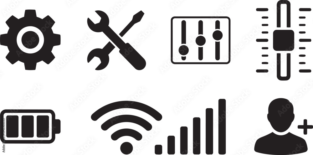 Fototapeta premium UX/UI Settings and System Control Symbols Vector Silhouette Icon Set for Prototyping