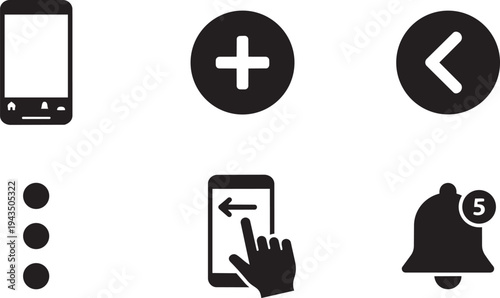UX/UI Mobile Navigation Symbols and App Interface Prototyping Elements Solid Black Vector Silhouette Icon Set