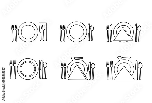 Cutlery arrangement table setting collection with plate fork knife spoon dining etiquette vector