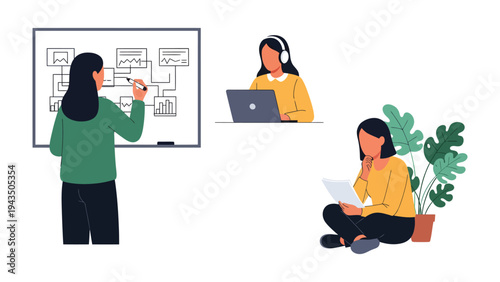 Diverse Women's Productivity: Three focused women engaged in various activities, representing a blend of collaboration, concentration, and digital work.