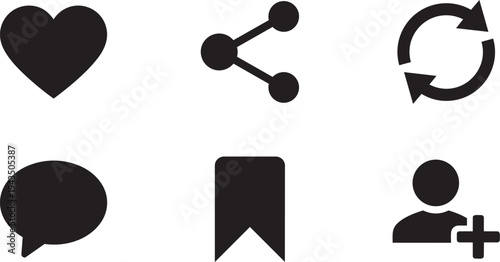 UX/UI Social Media Wireframe Symbols and Engagement Interaction Prototyping Elements Solid Black Vector Silhouette Icon Set