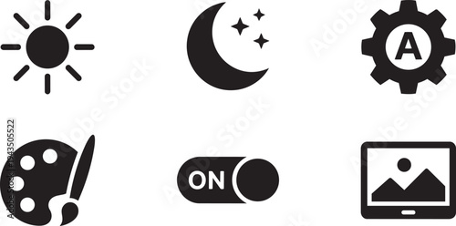 UX/UI Dark Mode and Themes Interface Symbols Solid Black Vector Silhouette Icon Set for Prototyping