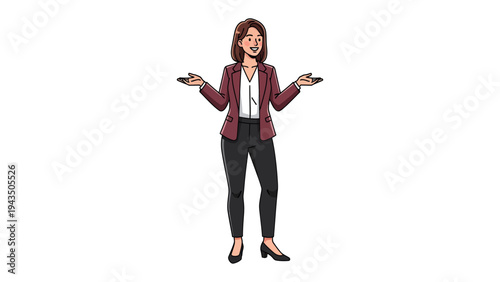 Confident Woman: A professional woman with a warm, confident smile, dressed in a stylish blazer and pants, gestures expansively, conveying openness and approachability.
