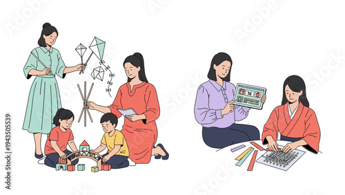 Creative Learning: Capturing moments of a parent teaching children with an illustration of creative activities, such as arts, crafts and play, fostering both joy and knowledge.