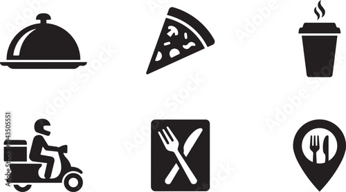 UX/UI Design System Food Delivery App Wireframing Symbols Solid Black Vector Silhouette Icon Set for Prototyping