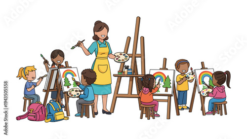 Creative Minds in Action: Children and a teacher collaboratively explore their creativity through painting on easels, expressing their imagination and fostering artistic skills.
