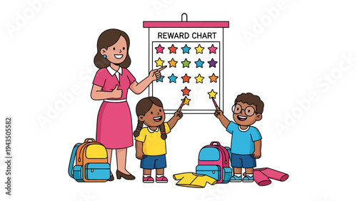 Reward Chart Magic: A heartwarming illustration captures a teacher interacting with two students in front of a reward chart, filled with stars.