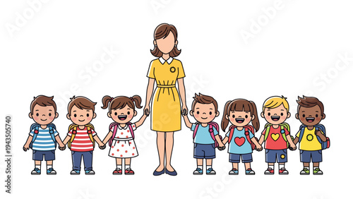 Education bond : A teacher and her pupils holding hands, symbolizing connection in an educational setting. This image evokes feelings of care, unity, and the beauty of lifelong learning. 