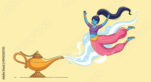 Woman Emerging from Magic Lamp Illustration.