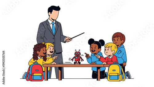 The Teacher and Curious Pupils: A caring teacher stands before a table, interacting with a group of young, attentive students, all focused on a small robot.