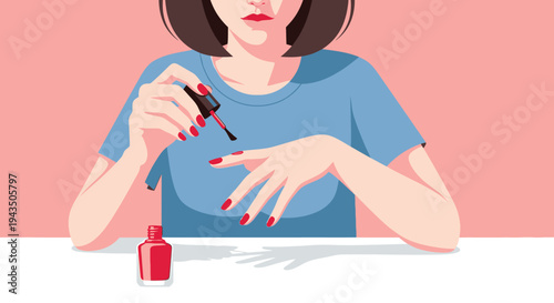 Woman Painting Nails with Red Nail Polish.