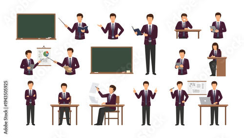 Business Presentation Compilation: A collection of various business presentation images showing professional male figure in business attire demonstrating various actions and poses.