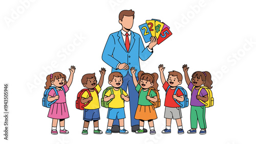 Kindergarten class with teacher: A friendly teacher and his kindergarten pupils learning and having fun, raising hands and holding colorful numbers cards, enjoying the educational experience.