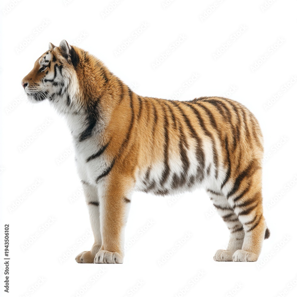 Obraz premium Majestic Siberian Tiger Standing Proudly with Distinct Stripes on White Background for Nature and Wildlife Enthusiasts