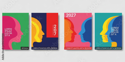Colorful Abstract Human Face Profile Posters Set with Modern Gradient Shapes, Minimal Vector Illustration for Creative Branding, Social Media Covers, and Contemporary Design Layouts