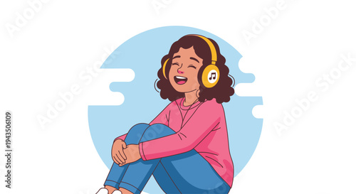 Woman Wearing Headphones Sitting Relaxed Smiling.