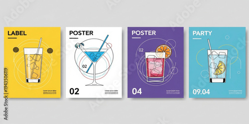 Colorful Cocktail and Beverage Poster Set with Modern Line Art Drink Illustrations, Party Bar Menu Designs, and Refreshing Summer Beverage Advertising Templates