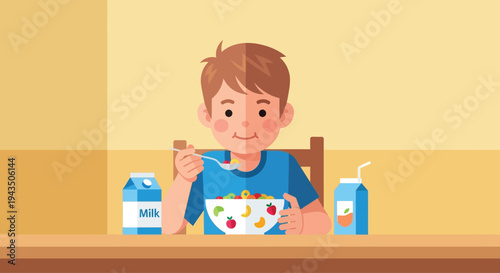 Young Boy Eating Cereal with Spoon.