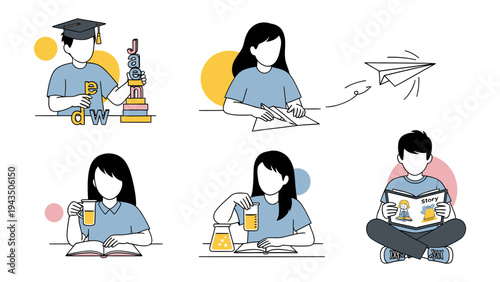 Knowledge Exploration: A diverse illustration capturing the essence of various fields of study, from scientific inquiry to literature and travel.